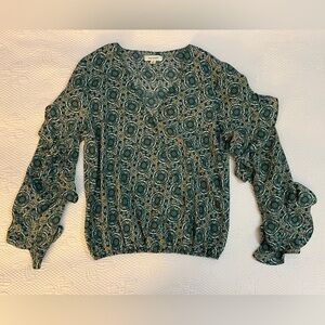 Max Studio Teal and Yellow Patterned Ruffled Top